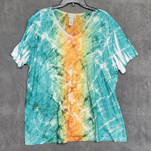 Catherines Tye Dye Shirt Short Sleeves Studded Detail V Neck Size 1X Blue Orange - Picture 1 of 7